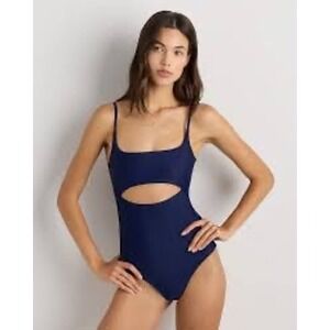 Quince Italian Cut Out One Piece Swimsuit Deep Navy Blue Small UPF 50 Recycled